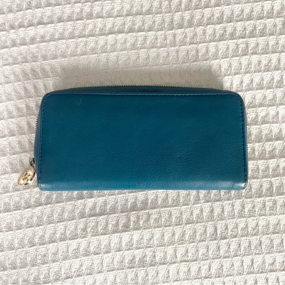 Michael Kors Teal Zip-Around Leather Wallet with Gold Plaque - Picture 6 of 8